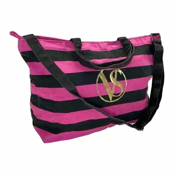 Victoria's Secret Logo Duffel Weekender Tote Bag Beach Travel Stripe Black Pink - Picture 2 of 8